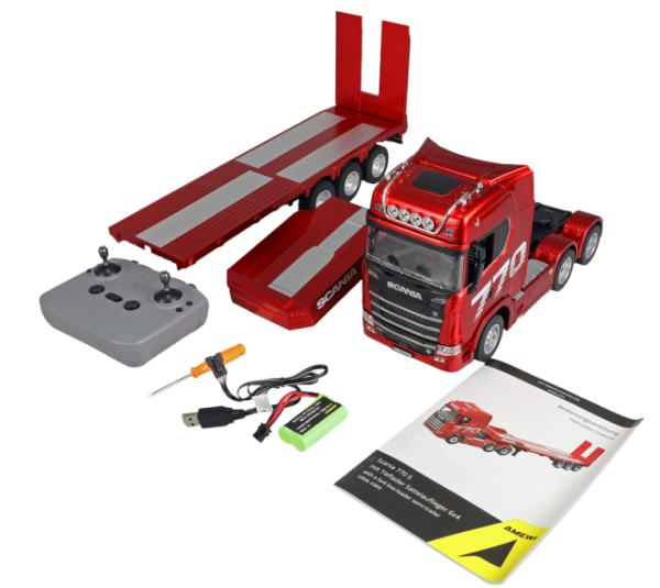 22808 Scania 770 S Zugmaschine + Tieflader-Sattelauflieger 6x4 1:24 RTR rot